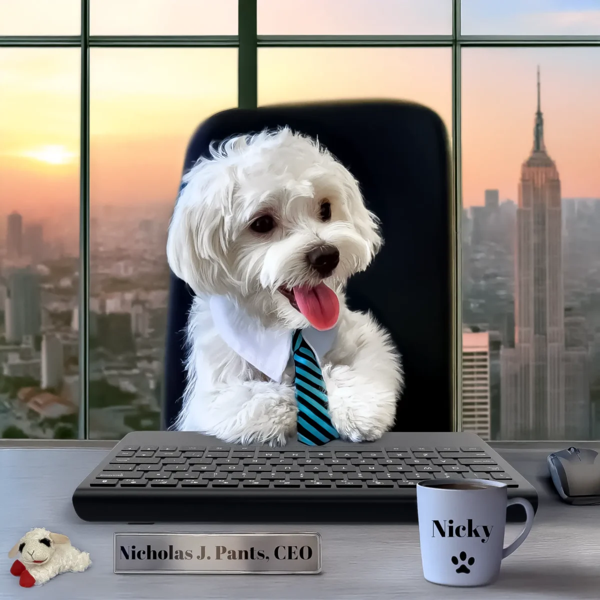 A white Maltese dog sits on an office chair with paws on a keyboard, facing a desk with a Lambchop dog toy and a nameplate reading "Nicholas J. Pants, CEO." A cityscape is visible through a window in the background.