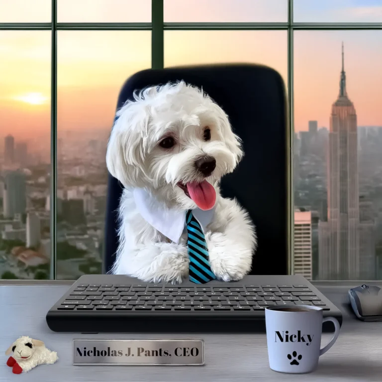 A white Maltese dog sits on an office chair with paws on a keyboard, facing a desk with a Lambchop dog toy and a nameplate reading "Nicholas J. Pants, CEO." A cityscape is visible through a window in the background.