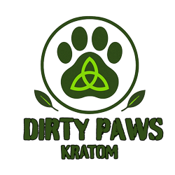 Dirty Paws Kratom logo with a paw print, representing premium kratom products inspired by our mascot, Nicky.