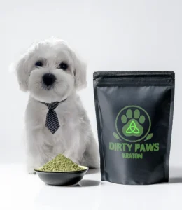 A white Maltese dog in a tie standing next to a large black bag of Dirty Paws Kratom–Green Jong Kong with a bright green paw print logo.