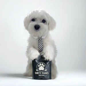 White Maltese dog wearing a striped tie standing with a black Dirty Paws Kratom bag of white maeng da featuring logo.
