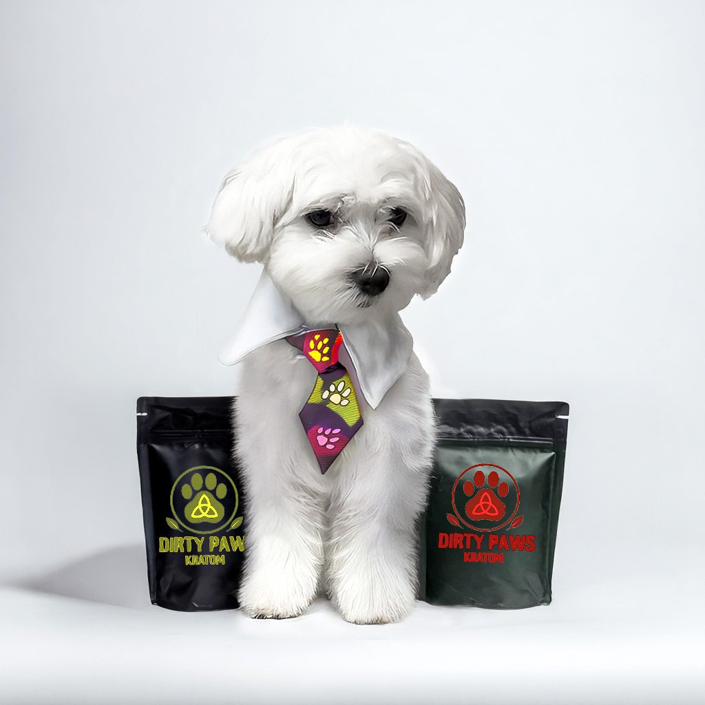 Two-Way-Split-Kratom Two-Way Split Kratom 500g - White Maltese dog with paw print tie between two kratom bags